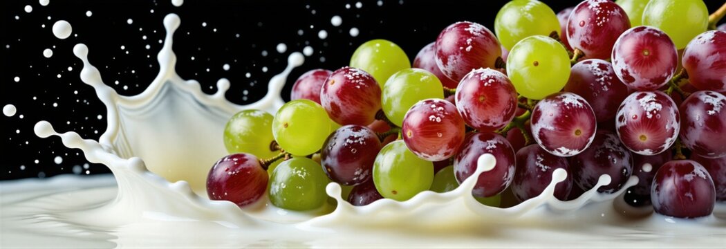 Red and green grapes splash into white liquid against black background. Fresh fruit clusters create dynamic motion with fluid ripples and droplets. Natural sweetness and creamy texture.