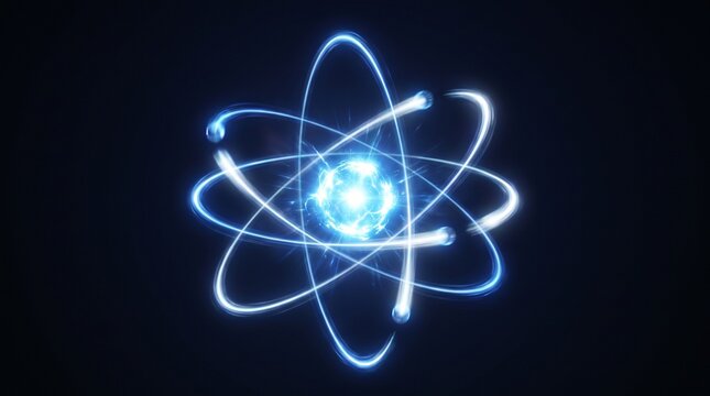 Atom model with glowing orbiting electrons