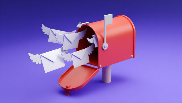 3D illustration of a red mailbox with flying letters on a purple background.