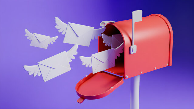 3D render of a red mailbox with white envelopes flying with wings.