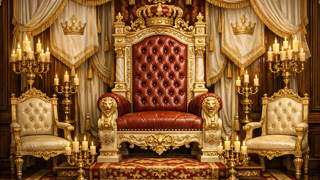 Golden throne room with red velvet thrones and ornate decorations