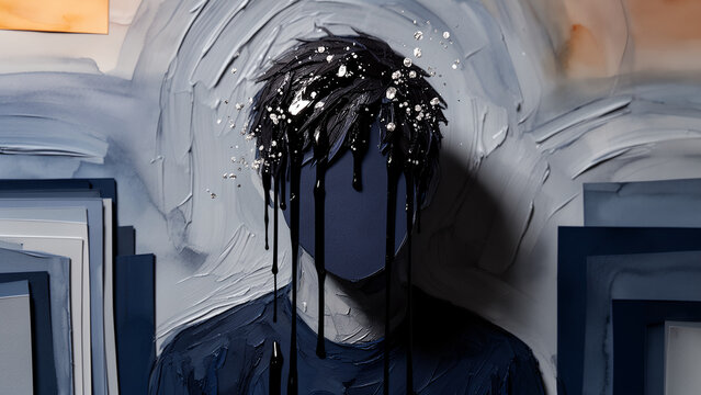 Surreal portrait of a faceless person with dark liquid dripping down from their hair.