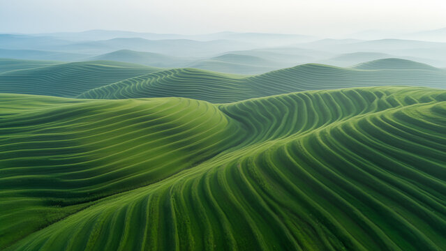 Aerial view of lush green tea plantation hills in the early morning mist.