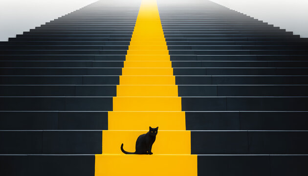 A solitary black cat sitting on a bright yellow staircase leading upwards.