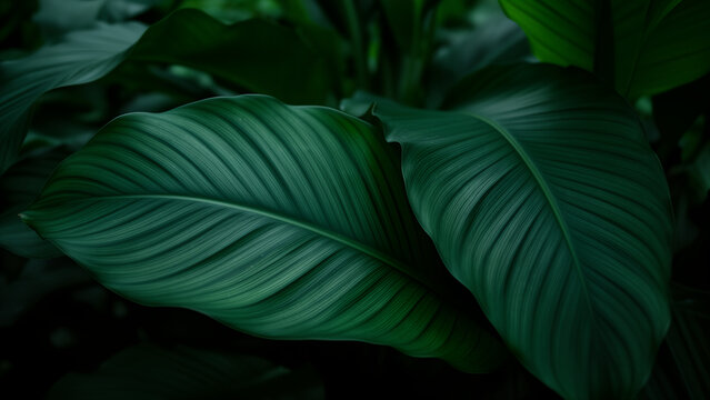 Close up of dark green tropical plant leaves with visible veins and texture.