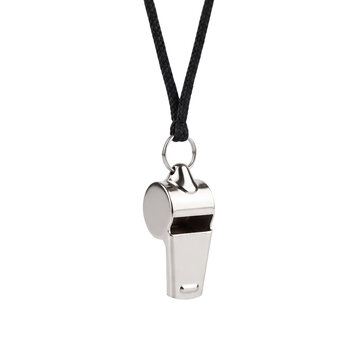 silver metal referee whistle on black cord isolated on transparent background png