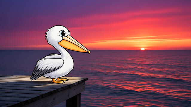 A cute cartoon pelican standing on a wooden pier during a beautiful vibrant sunset.