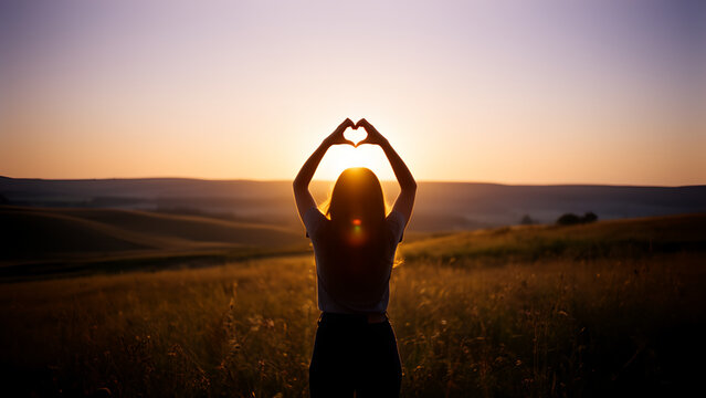 A young woman making a heart shape with her hands against a beautiful golden sunset.