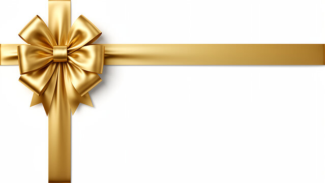 Elegant golden gift ribbon with a decorative bow on a white background.