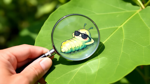 A hand holding a magnifying glass over a cute cartoon caterpillar wearing sunglasses on a green leaf.