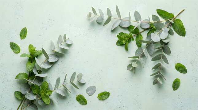 Fresh eucalyptus and mint leaves flat lay on textured background with eucalyptus