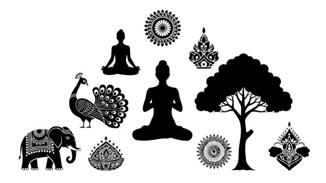 Indian Cultural and Spiritual Silhouettes Set with Meditating People, Peacock, Elephant, Lotus, and Sacred Tree on Isolated White Background.