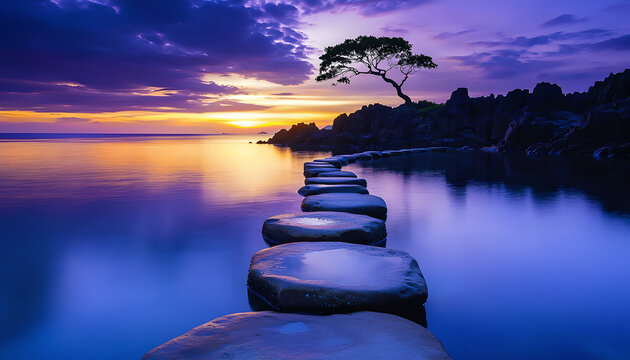 Stepping stones across calm water leading to a lonely tree at sunset.