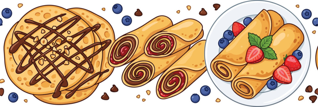 Sweet Crepes and Pancakes Seamless Border Vector with Chocolate Drizzle Berry Filled Rolls Fresh Strawberries and Blueberries