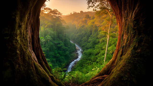 A stunning view of a lush tropical river valley framed by a large hollow tree trunk at sunset.