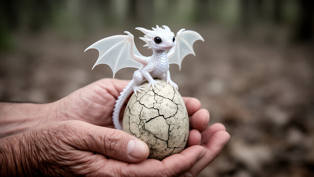 A small white baby dragon perched on top of a cracked stone egg held in human hands.