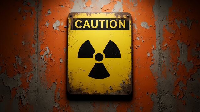 A weathered caution sign featuring a radioactive symbol mounted on a textured orange industrial wall.