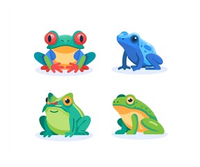 Naklejka premium Four cartoon frogs in bright, stylized colors.