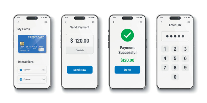 Vector 3d Mobile Payment App, Vector Illustration. Digital Wallet Screens with Credit Card, Send Payment, PIN Code, Successful Transaction. Online Banking, Finance, Fintech, Cashless Payment Design