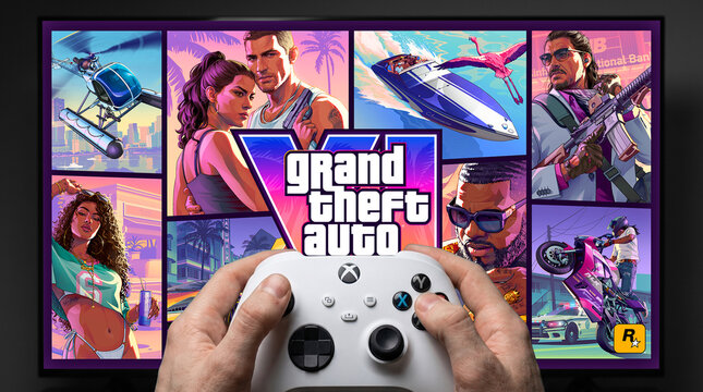 Grand Theft Auto VI cover art on TV screen with Xbox controller showing all characters Jason Lucia helicopter jetski motorcycle