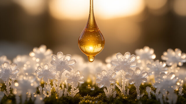 A single golden drop of honey falling above a field of small white flowers.