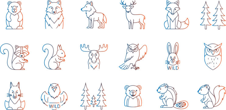 Cute forest animals drawn with simple outline in gradient blue orange style for nature lovers.