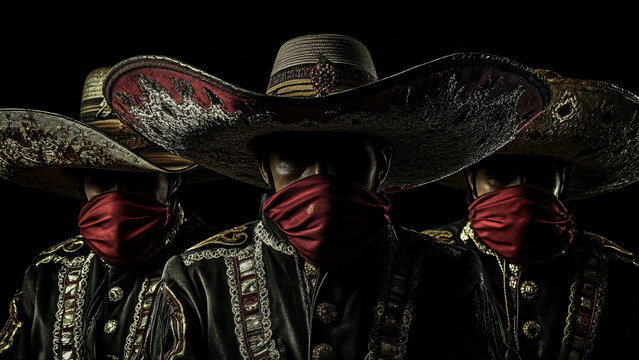 Male characters in traditional Mexican fiesta attire, featuring colorful masks and embellished outfits with a festive atmosphere.