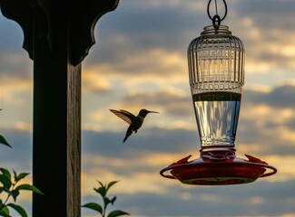 Fototapeta premium Small hummingbird flies towards feeder at sunset with clouds in sky. Bird approaches glass nectar dispenser in garden. Tiny bird wings blur in flight.
