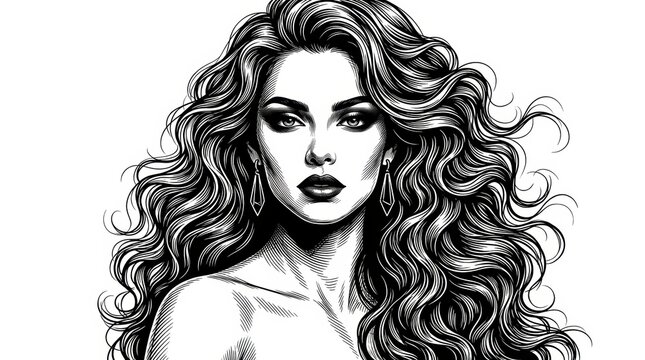 A confident fictional woman with flowing wavy hair, wearing elegant makeup and ornate earrings, posed in a refined and expressive fashion portrait. Rendered as a black-and-white vector illustration.