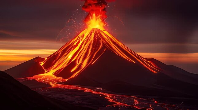 Massive stratovolcano erupting spectacularly during twilight hours sending glowing incandescent lava flows cascading down its steep dark slopes toward the valley floor below