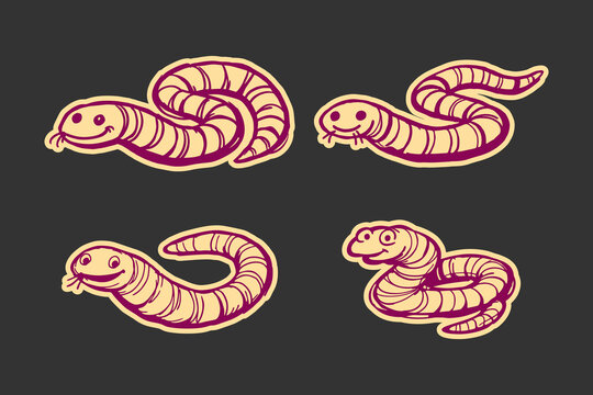 Earthworm character set featuring cute cartoon worms in various poses and positions isolated on a dark gray background with simple hand drawn vector art style
