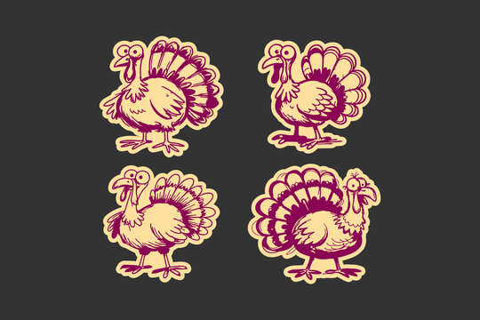 Turkey bird set featuring four funny hand drawn illustrations for Thanksgiving holiday design projects isolated on a dark grey background with a vintage artistic style