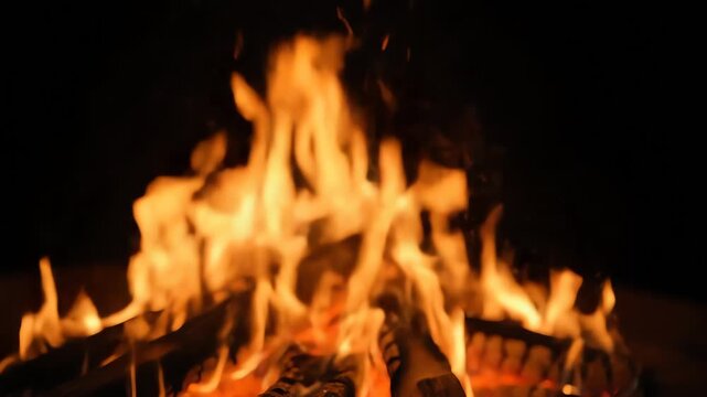 Blurry photo of flames rising from logs in a dark setting, filling the frame