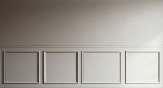 Empty wall background with classic white wooden wainscoting panels in a bright minimalist room interior for mockup design purposes
