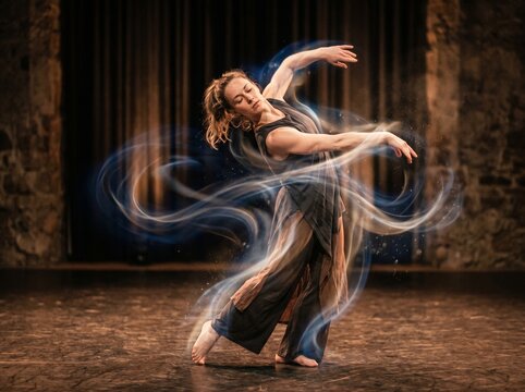Graceful dancer expressing emotion through movement, ethereal light trails swirling around her as she performs on a dimly lit stage.