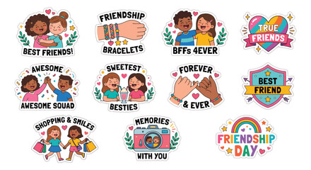 Fototapeta premium Friendship Day Stickers With Floral Ornament And Hand Drawn Illustrations
