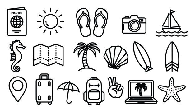 Set of travel and vacation icons including camera suitcase surfboard sun and map for holiday planning and tourism with flip flops, vacation