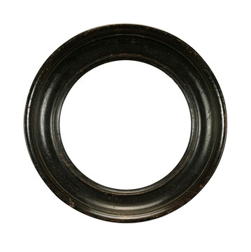 Worn antique circular wooden frame with distressed dark finish. Isolated on transparent background PNG