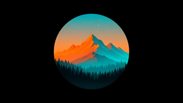 Minimalist circular illustration of a mountain landscape at sunset with pine forest.