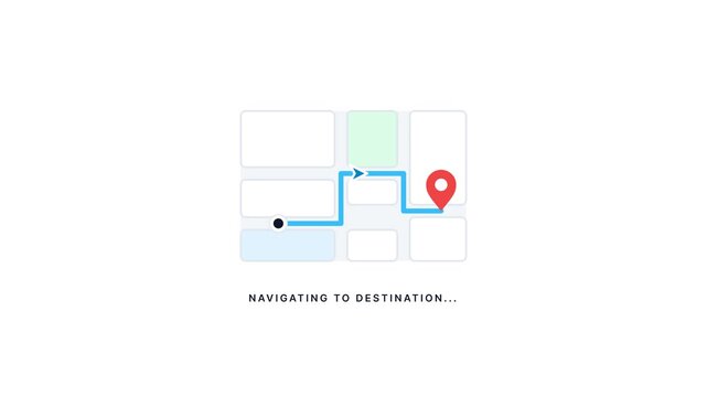 Minimalist UI UX animation of GPS map route calculation and navigation success.