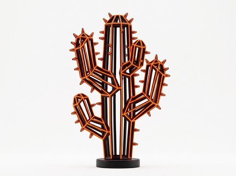 Stylized orange and black wireframe cactus sculpture in 3D geometric design isolated on white background