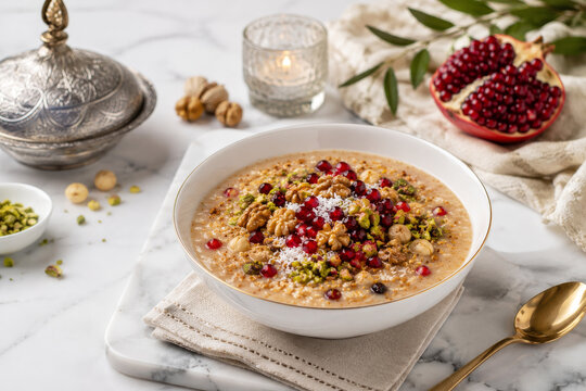 Traditional Turkish Ashure Dessert in White Porcelain Bowl on White Marble Table with Pomegranate and Pistachios.