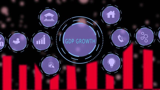 Business infographic animation showing GDP growth with economic financial icons on black background.
