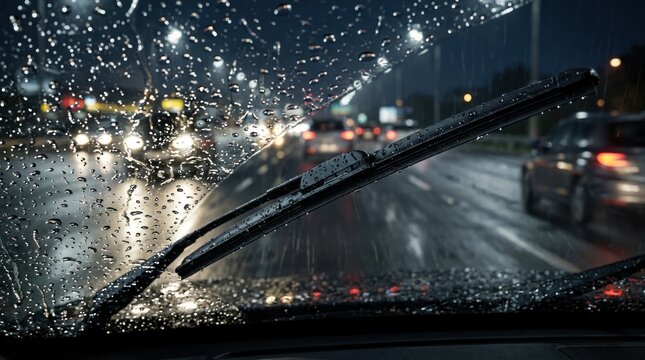 Rainy night drive through city streets with car windshield wipers on