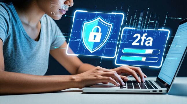 Woman types on laptop. Digital screen shows secure 2fa login. Cyber security, protection, account access, data safety. Online verification process.