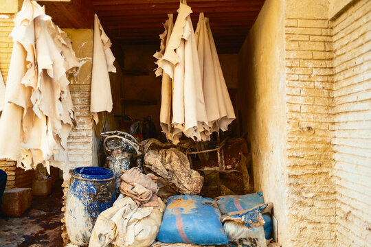 Traditional Moroccan tannery with hanging textiles