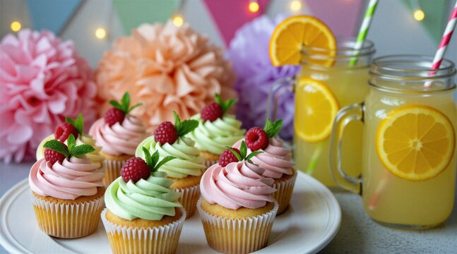 Pastel cupcakes with raspberries and mint are served with lemonade in mason jars with orange slices. Decorations include paper pom poms and festive garlands for a party.
