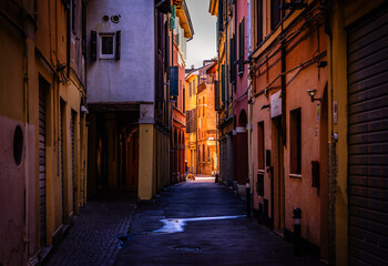 Naklejka premium Bologna old town alley with dog and warm light