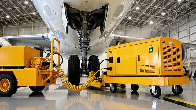 Close-Up View Of Ground Power Unit And Hydraulic Cart Next To Aircraft In Modern Hangar Facilities