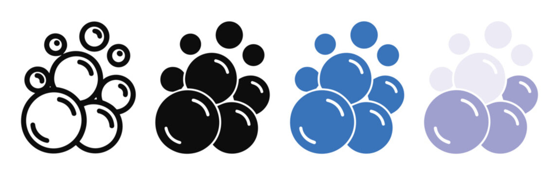 Set of clean soap bubbles icons in different styles including outline flat and transparent variations for laundry and bath product branding